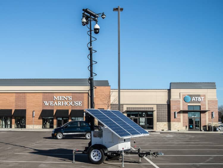 Mobile Pro Systems' Falcon 3100 compact surveillance trailer for retail parking lot