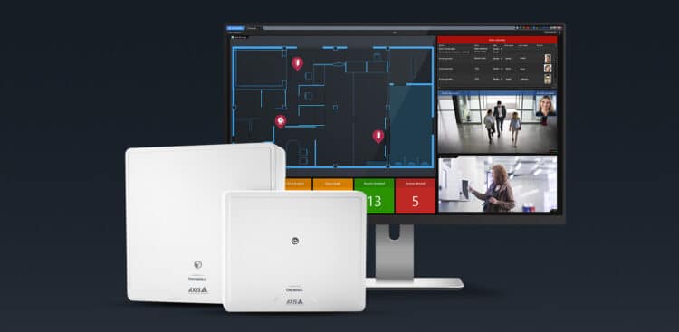 Axis Powered by Genetec is the industry’s first enterprise-level access control offering that combines Genetec access control software with Axis network door controllers. (Featured from left to right, AXIS A1610 and A1210 Network Door Controllers and Synergis access control software display interface.)
